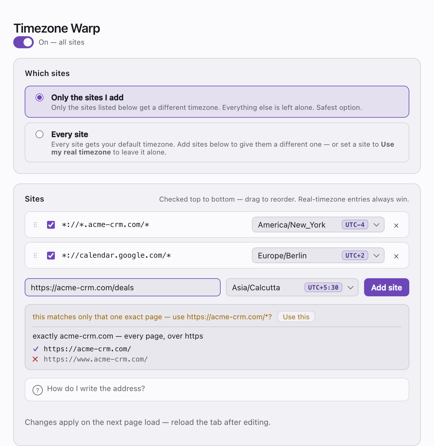 The settings page converting a pasted URL into a rule, listing which addresses match and which do not.