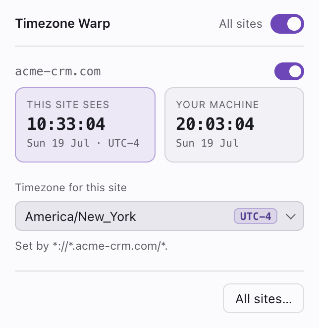 The extension popup showing the site's time and the computer's time side by side.