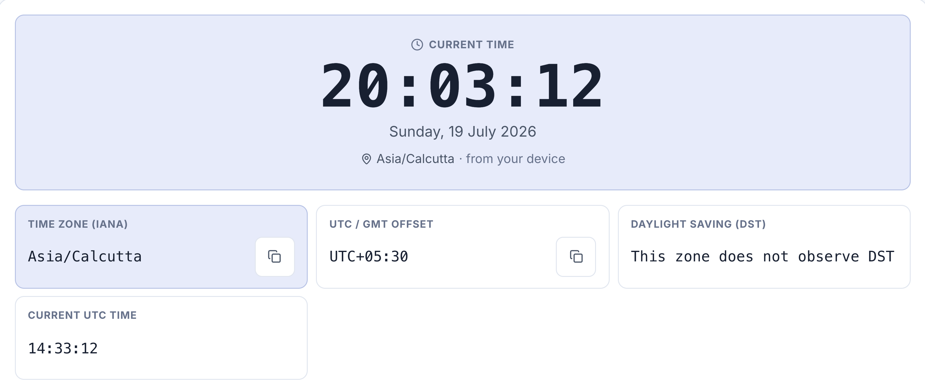 A timezone-checking website reporting Asia/Calcutta and UTC+05:30.