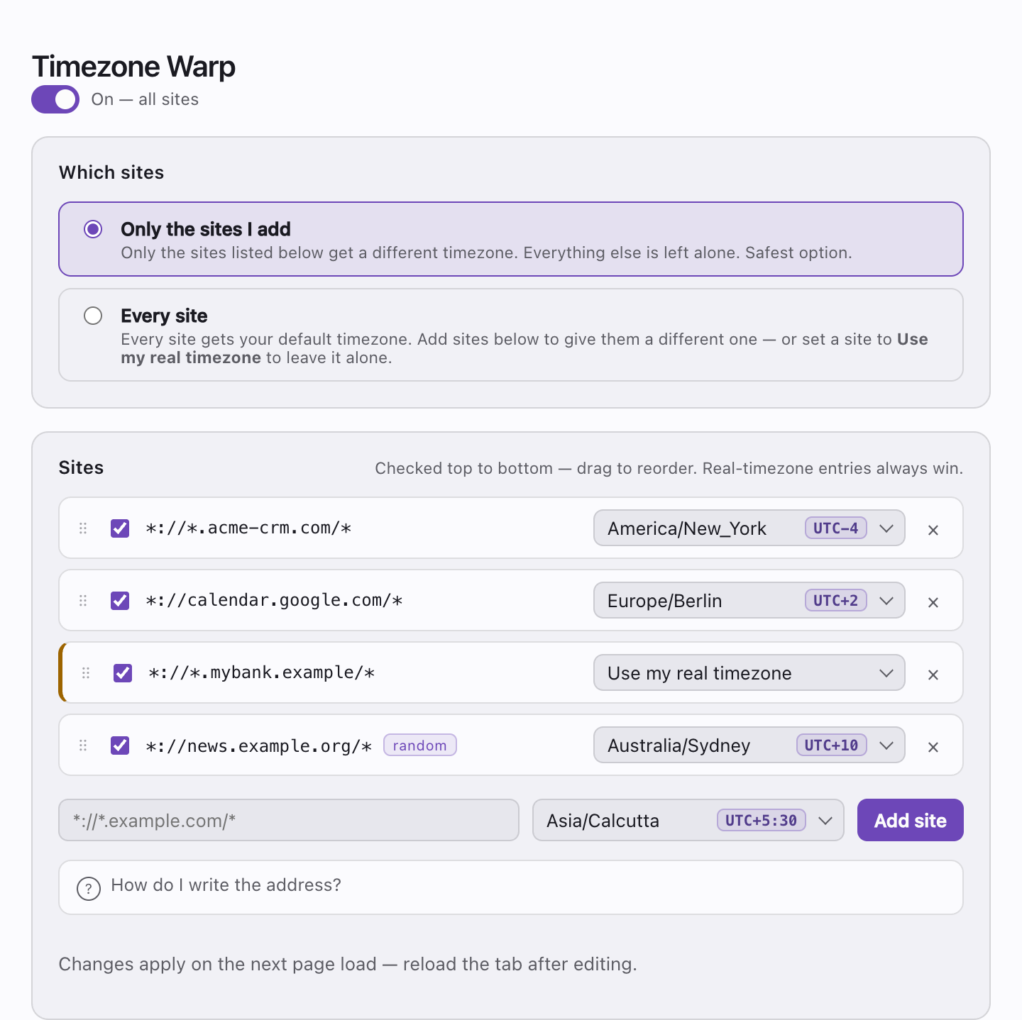 The settings page listing four sites, each with its own timezone, one set to use the real timezone.